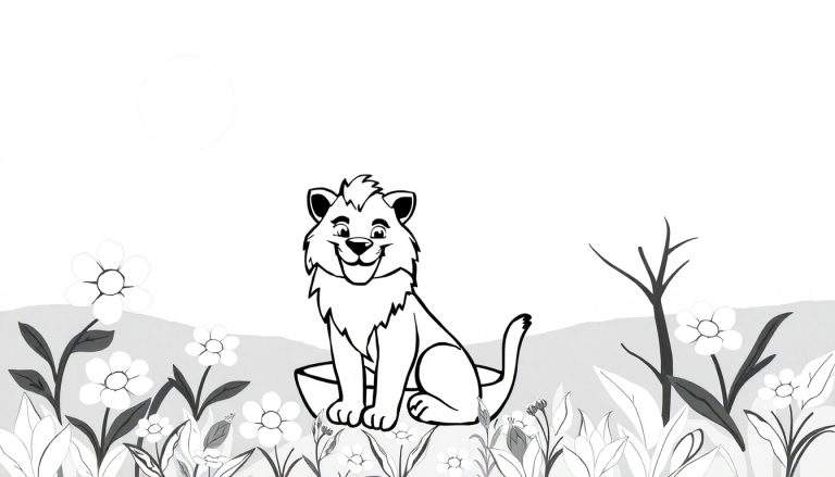 Um leão sorridente em uma plataforma com flores, em um cenário de natureza com montanhas e um círculo no céu, pronto para colorir neste color panel.