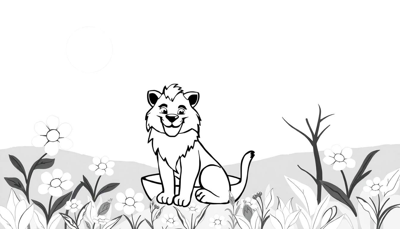 Um leão sorridente em uma plataforma com flores, em um cenário de natureza com montanhas e um círculo no céu, pronto para colorir neste color panel.