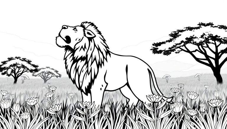 Um leão rugindo com uma juba detalhada em uma savana, com árvores e montanhas ao fundo, como em um color panel.