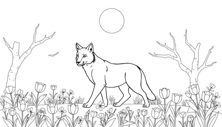 Um lobo caminha numa paisagem, com a lua ao fundo e árvores e flores.