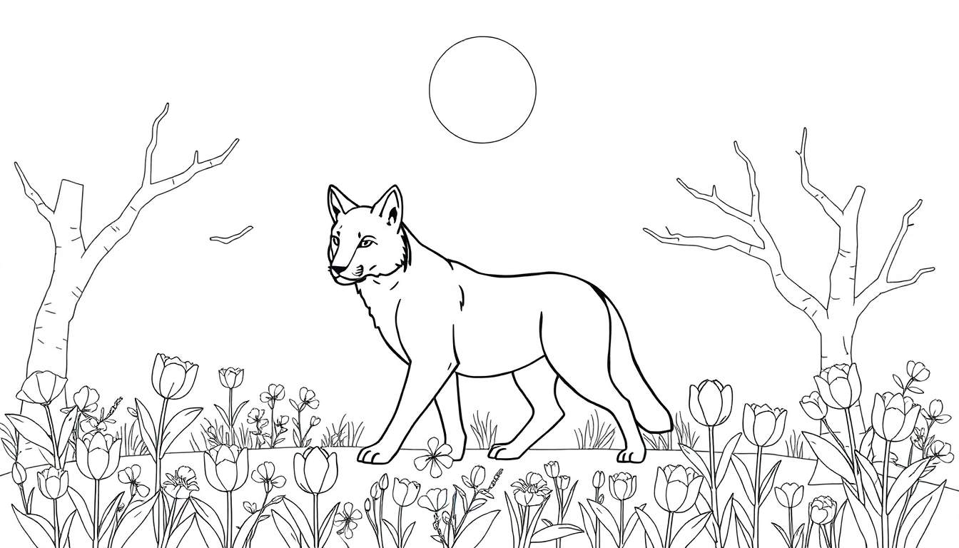 Um lobo caminha numa paisagem, com a lua ao fundo e árvores e flores.