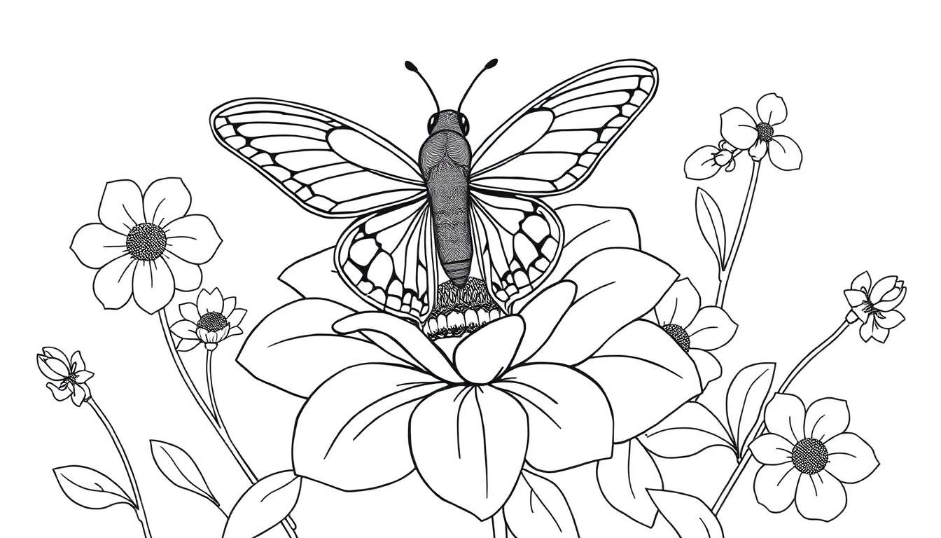 Um desenho em preto e branco de um lírio com uma borboleta, ideal para colorir no color panel.