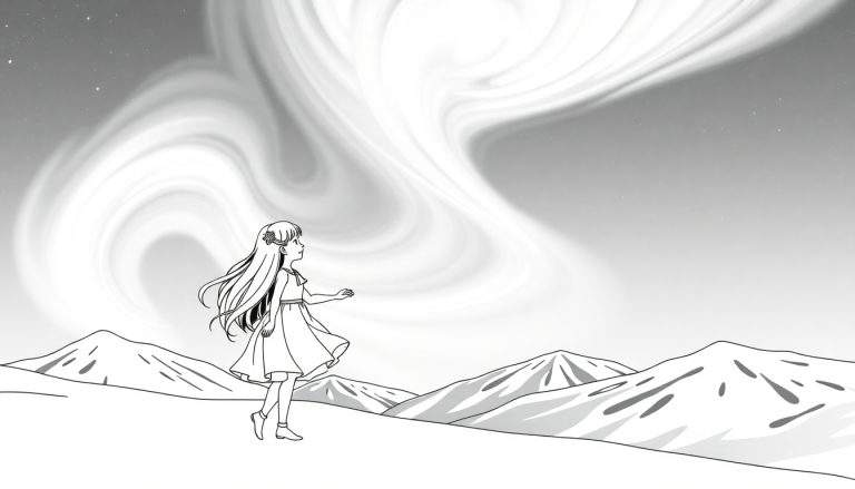 Menina com vestido esvoaçante e véu dançando sob a Aurora Boreal em um céu estrelado.