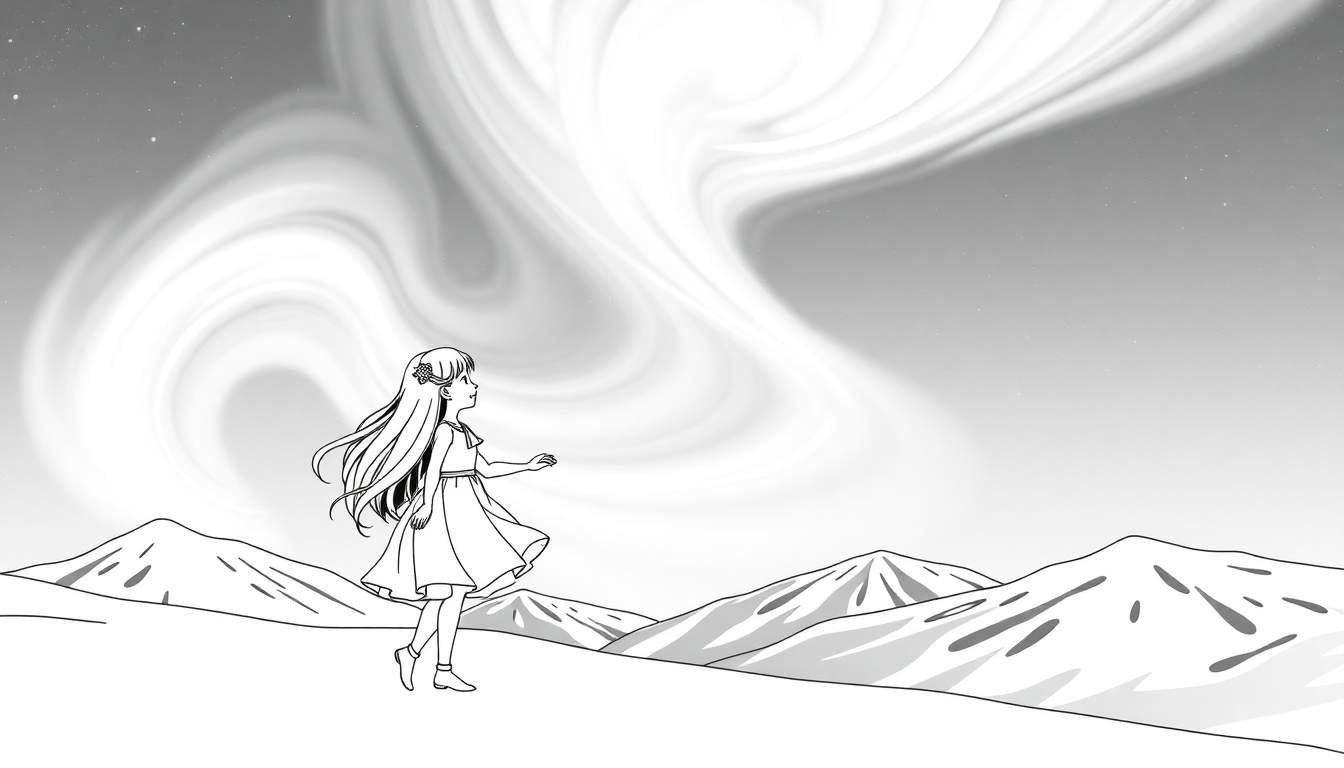 Menina com vestido esvoaçante e véu dançando sob a Aurora Boreal em um céu estrelado.