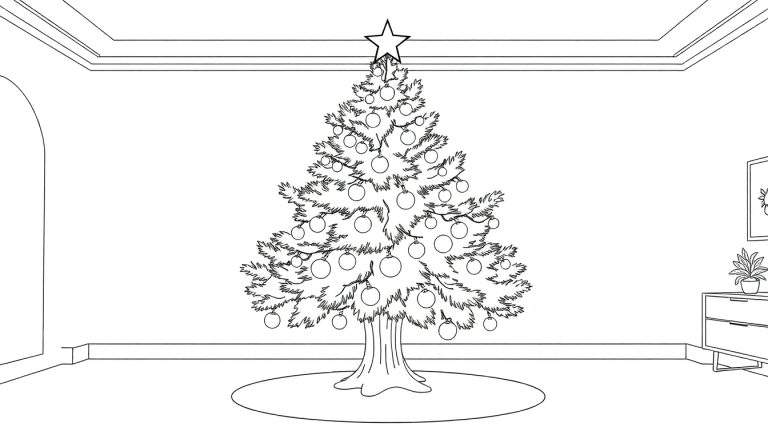 Desenho de linha de uma sala decorada para o Natal com uma grande árvore de Natal no centro.