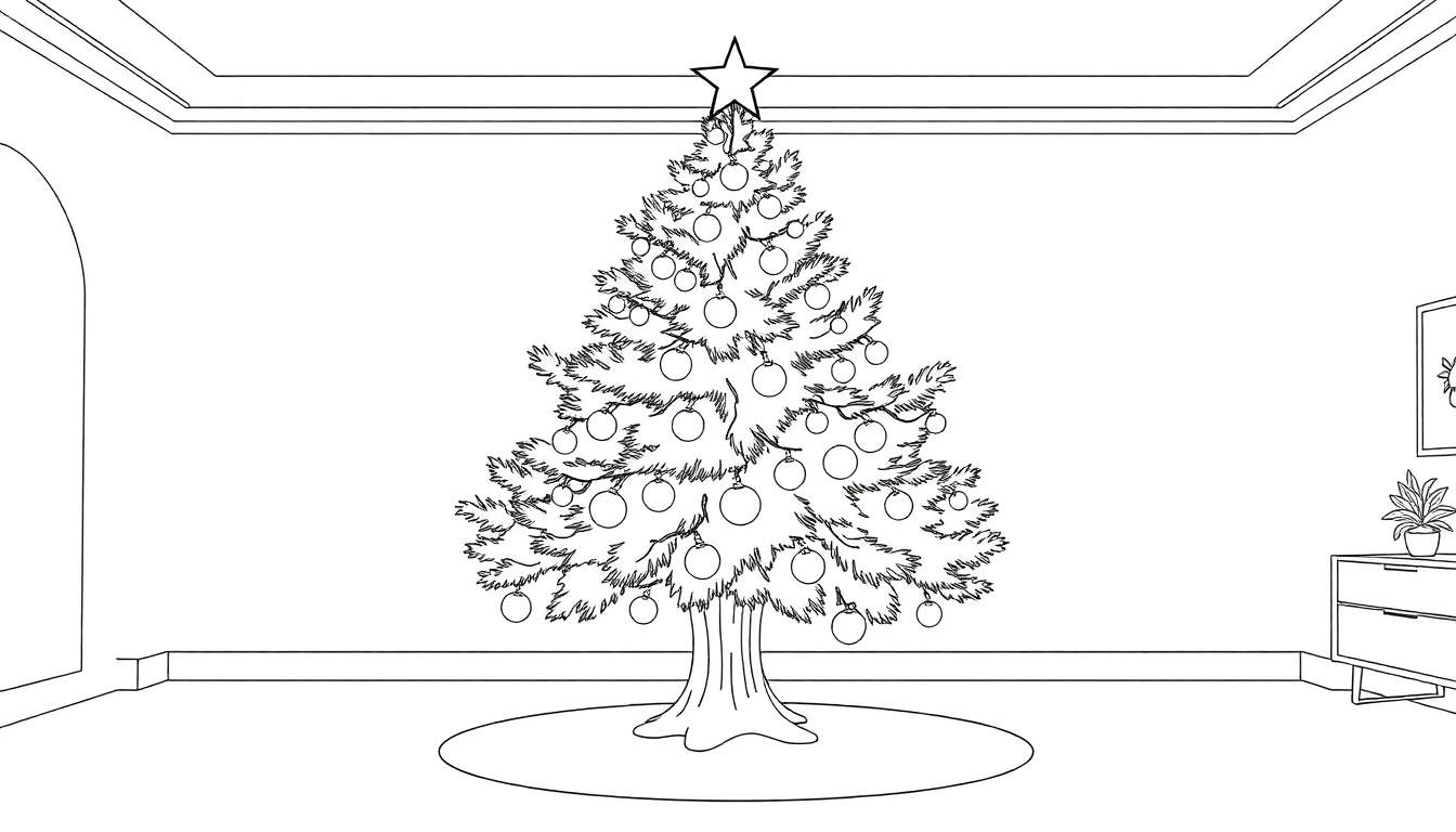 Desenho de linha de uma sala decorada para o Natal com uma grande árvore de Natal no centro.