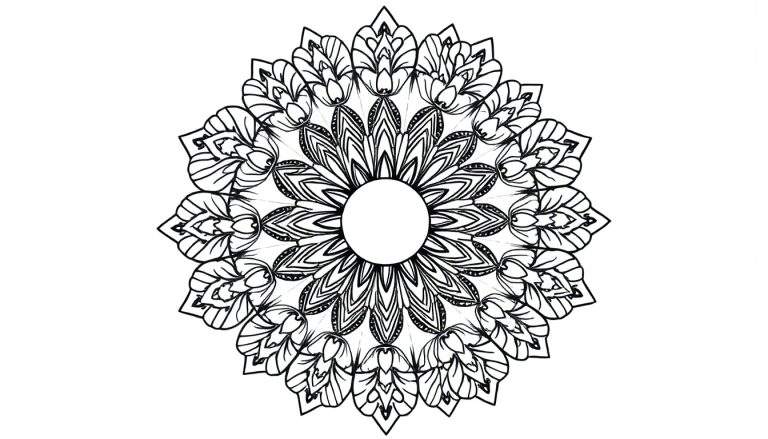 Página de colorir com um desenho de mandala em preto e branco, com um círculo vazio no centro e padrões simétricos e delicados que lembram pétalas.