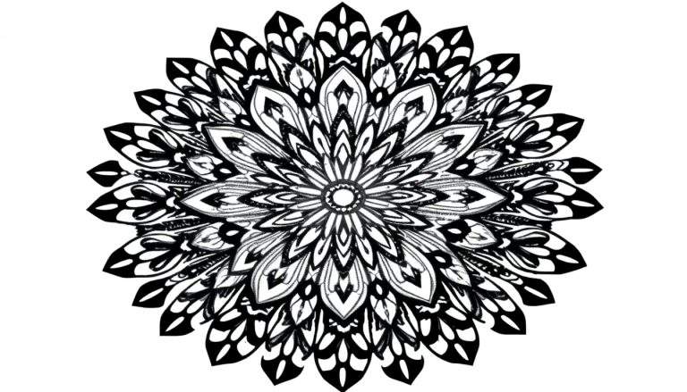 Uma mandala em preto e branco com padrões florais simétricos e um círculo central, ideal para colorir.