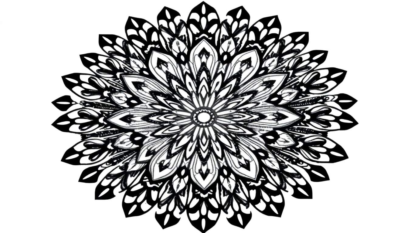 Uma mandala em preto e branco com padrões florais simétricos e um círculo central, ideal para colorir.