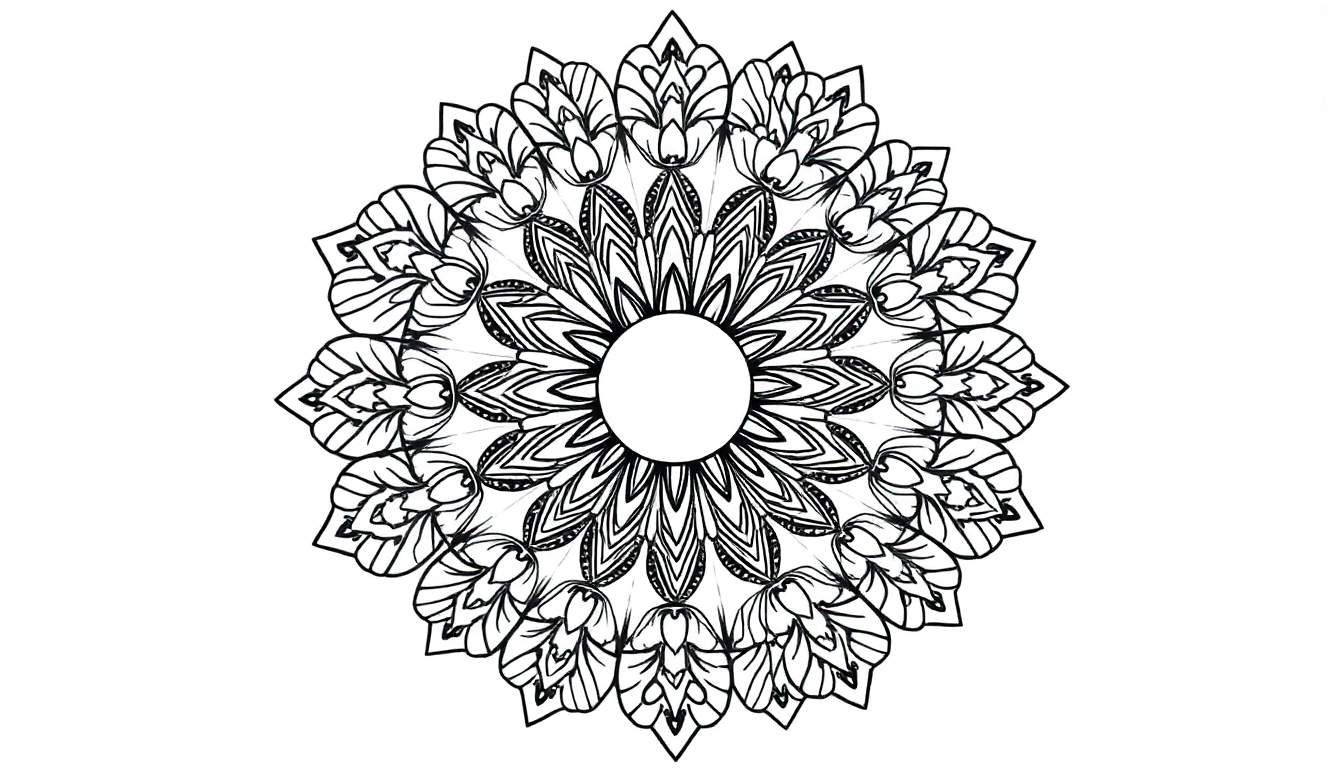 Página de colorir com um desenho de mandala em preto e branco, com um círculo vazio no centro e padrões simétricos e delicados que lembram pétalas.