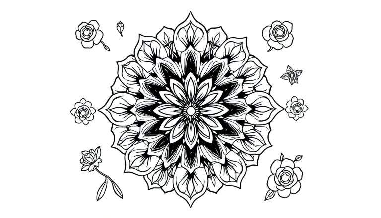Mandala floral em preto e branco para colorir, com pétalas em camadas e flores menores ao redor. Parte do color panel.