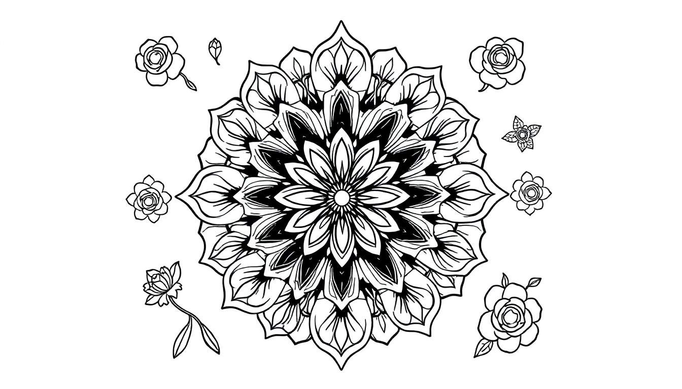 Mandala floral em preto e branco para colorir, com pétalas em camadas e flores menores ao redor. Parte do color panel.