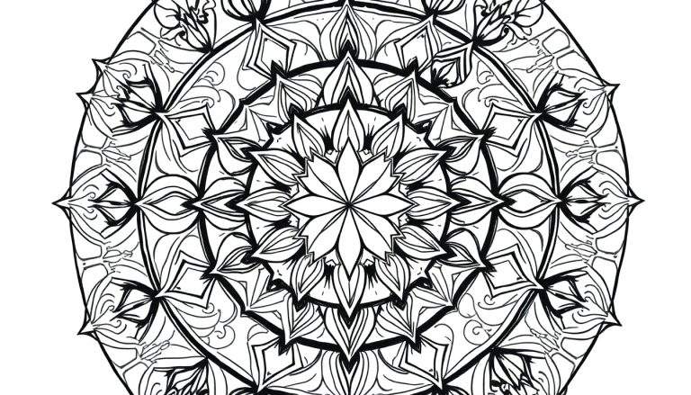 Um mandala preto e branco com um centro floral e padrões circulares que se irradiam.