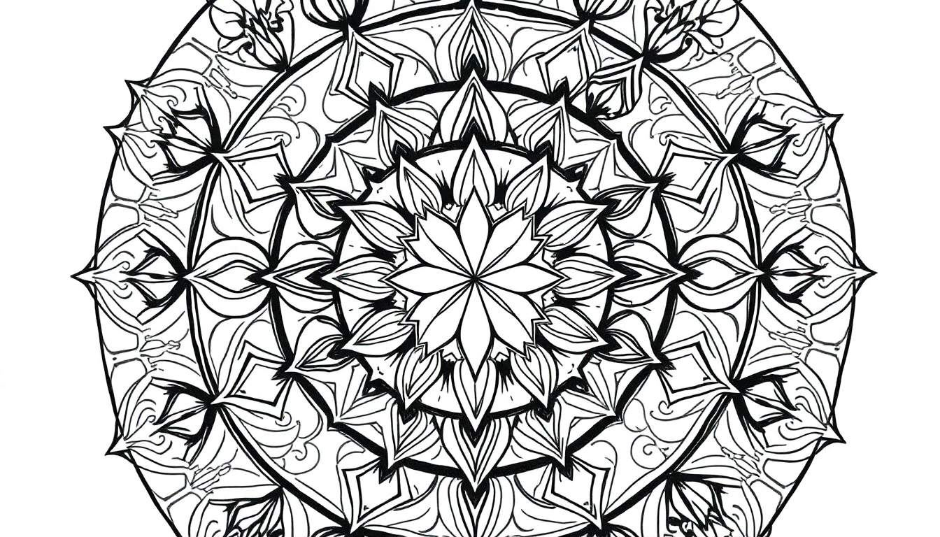 Um mandala preto e branco com um centro floral e padrões circulares que se irradiam.