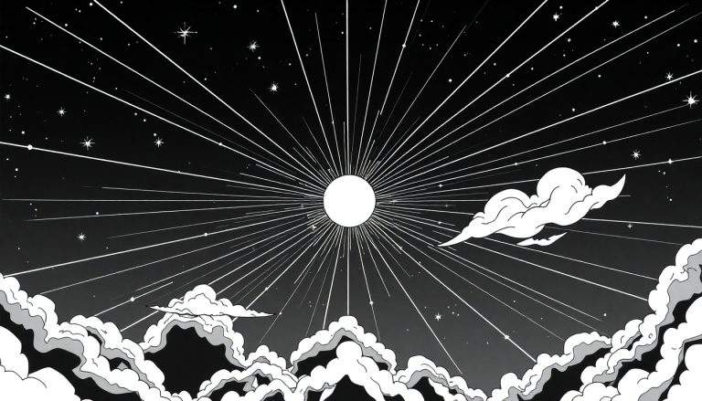 Um céu noturno estilizado em preto e branco com um sol ou lua brilhante no centro e nuvens fofas.