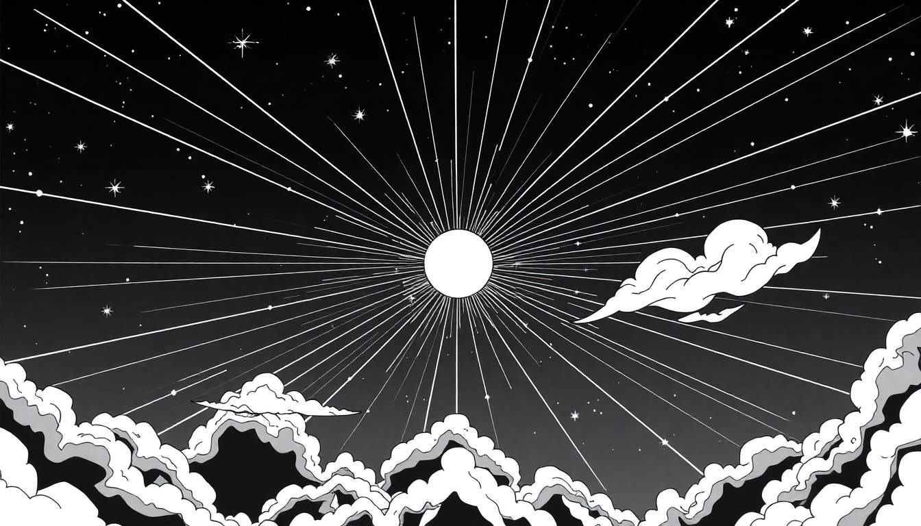Um céu noturno estilizado em preto e branco com um sol ou lua brilhante no centro e nuvens fofas.