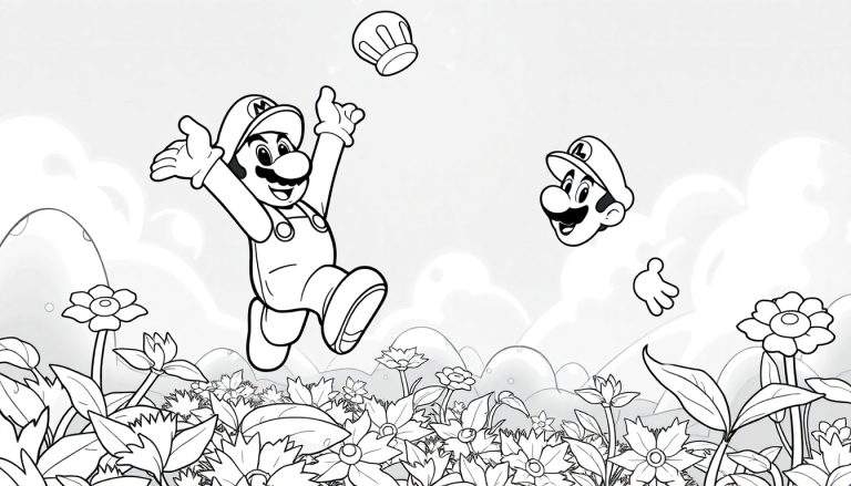 Desenho em preto e branco de Mario com as mãos para o alto e o chapéu no ar, em um campo de flores.