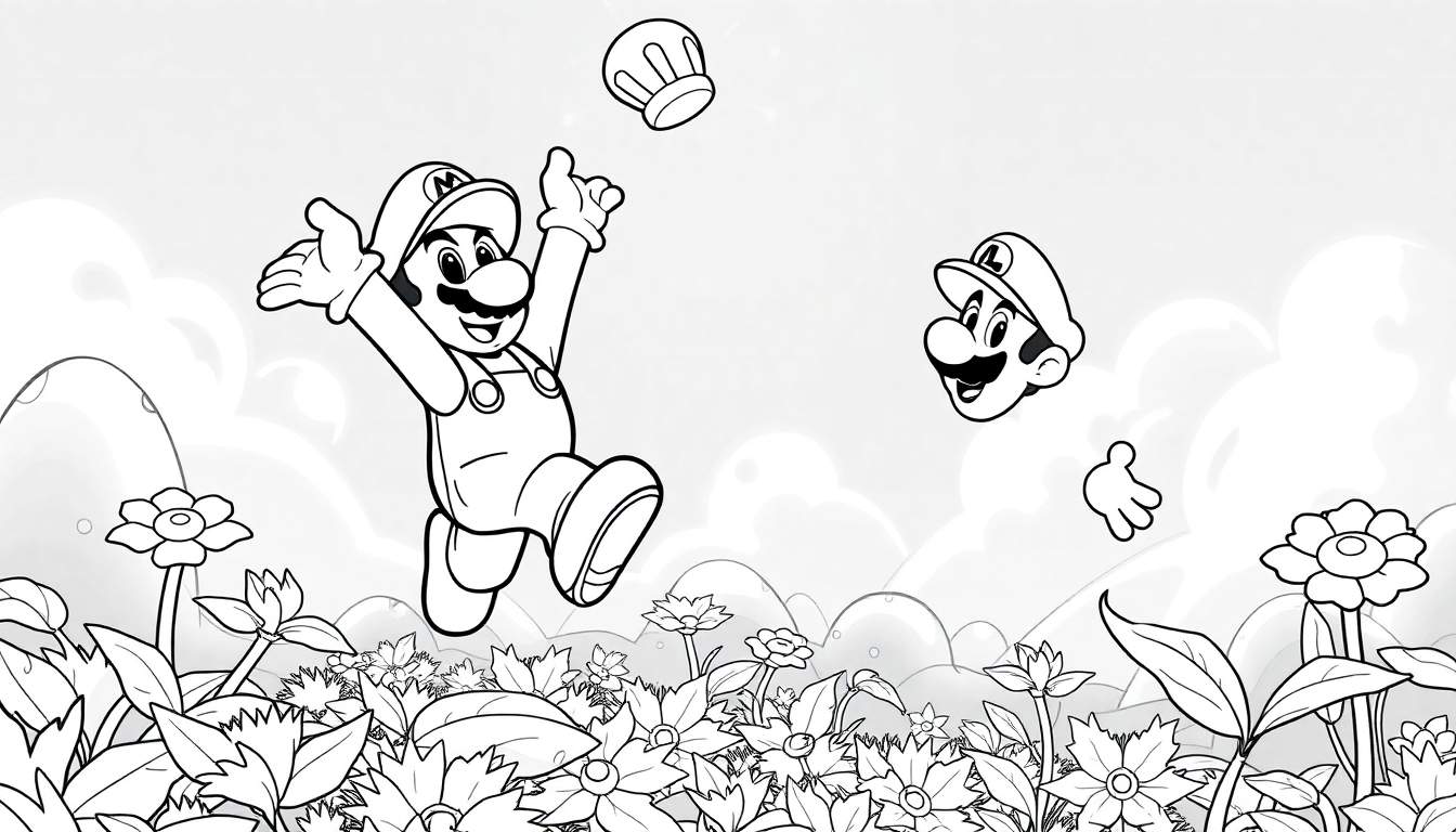 Desenho em preto e branco de Mario com as mãos para o alto e o chapéu no ar, em um campo de flores.