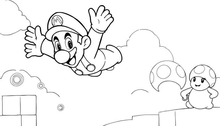 Desenho de Mario no ar com um cogumelo e elementos de jogo.