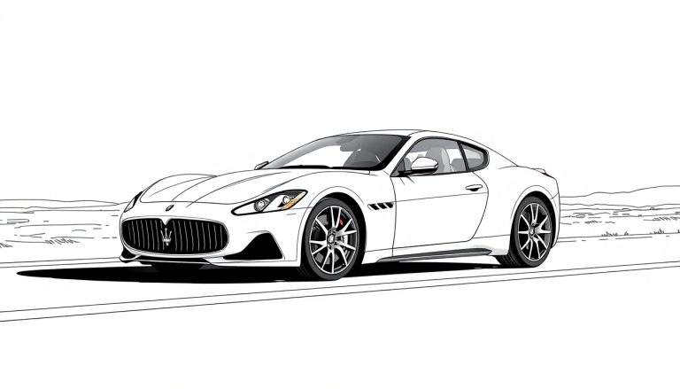 Ilustração de um Maserati GranTurismo branco com linhas pretas de contorno, em um fundo minimalista.