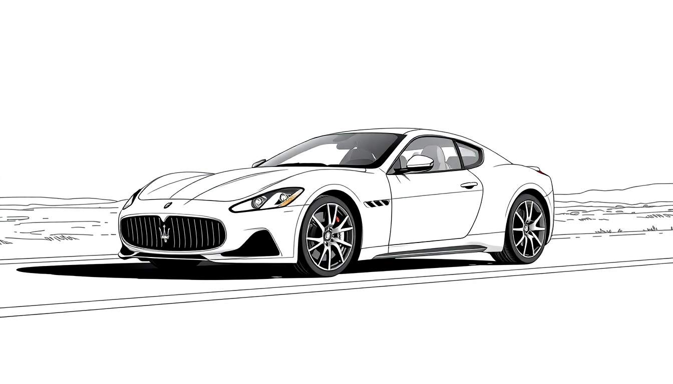 Ilustração de um Maserati GranTurismo branco com linhas pretas de contorno, em um fundo minimalista.