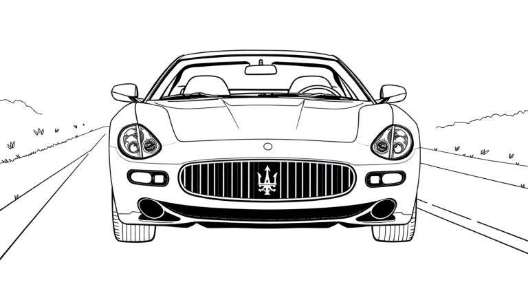 Desenho linear de um carro Maserati conversível em preto e branco, visto de frente, em uma estrada campestre.