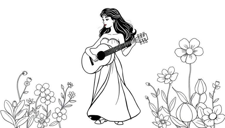 Uma menina tocando violão em um jardim florido, desenhada em preto e branco.