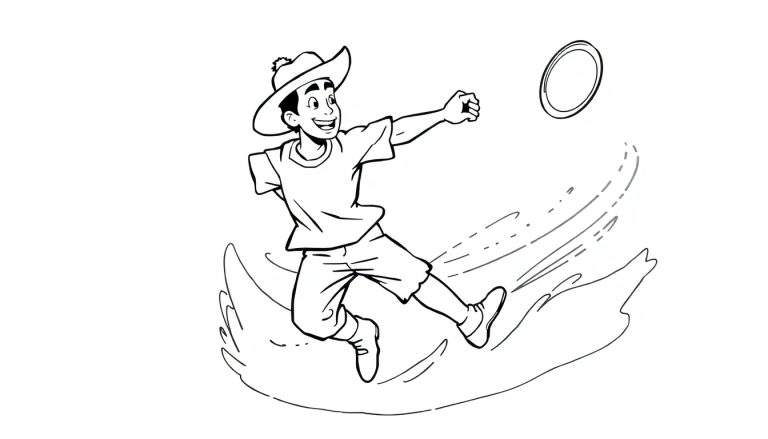 Um menino sorrindo jogando um anel circular, com linhas de movimento atrás dele.