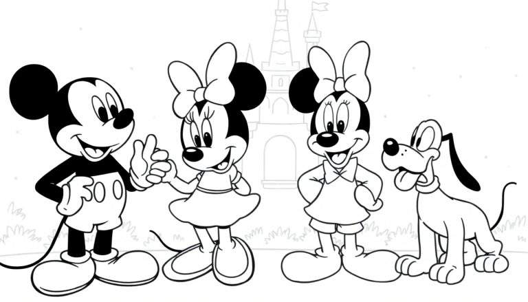 Desenho em preto e branco de Mickey, Minnie e Pluto em frente a um castelo, com um color panel.