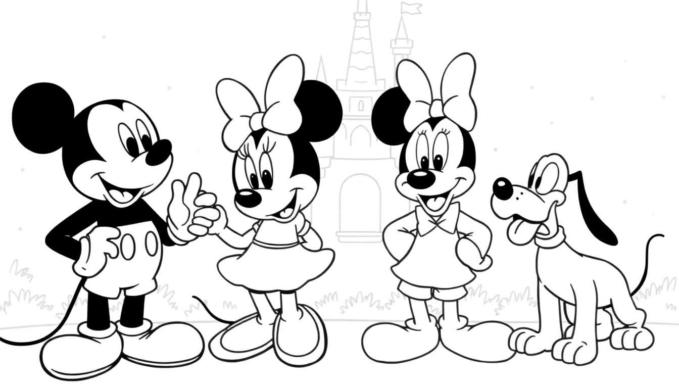 Desenho em preto e branco de Mickey, Minnie e Pluto em frente a um castelo, com um color panel.