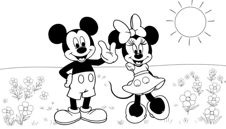 Ilustração em preto e branco de Mickey e Minnie Mouse em um campo florido. Mickey acena à esquerda, e Minnie sorri à direita. O sol está no canto superior direito.