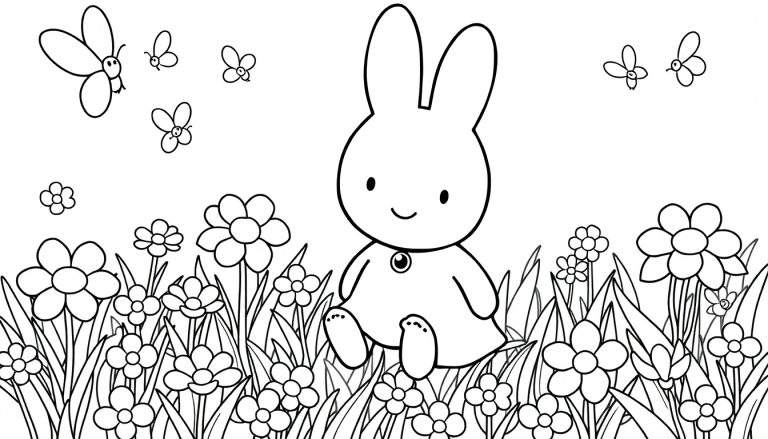 Ilustração em preto e branco de um coelho fofo em um campo de flores, com borboletas voando acima. Design de livro de colorir com contornos pretos grossos.