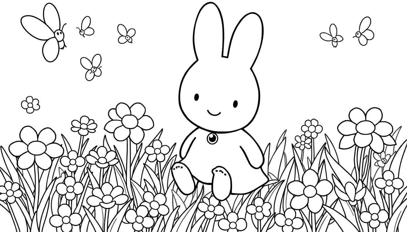 Ilustração em preto e branco de um coelho fofo em um campo de flores, com borboletas voando acima. Design de livro de colorir com contornos pretos grossos.