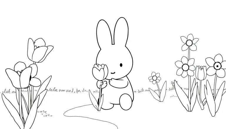 Um coelhinho Miffy sentado num campo de flores com um color panel ao fundo.