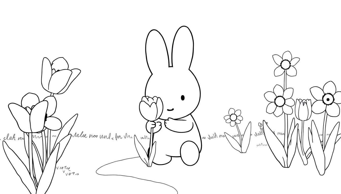Um coelhinho Miffy sentado num campo de flores com um color panel ao fundo.