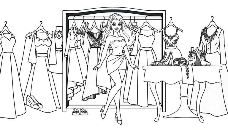 Desenho em preto e branco de uma mulher em uma loja de roupas com um color panel.