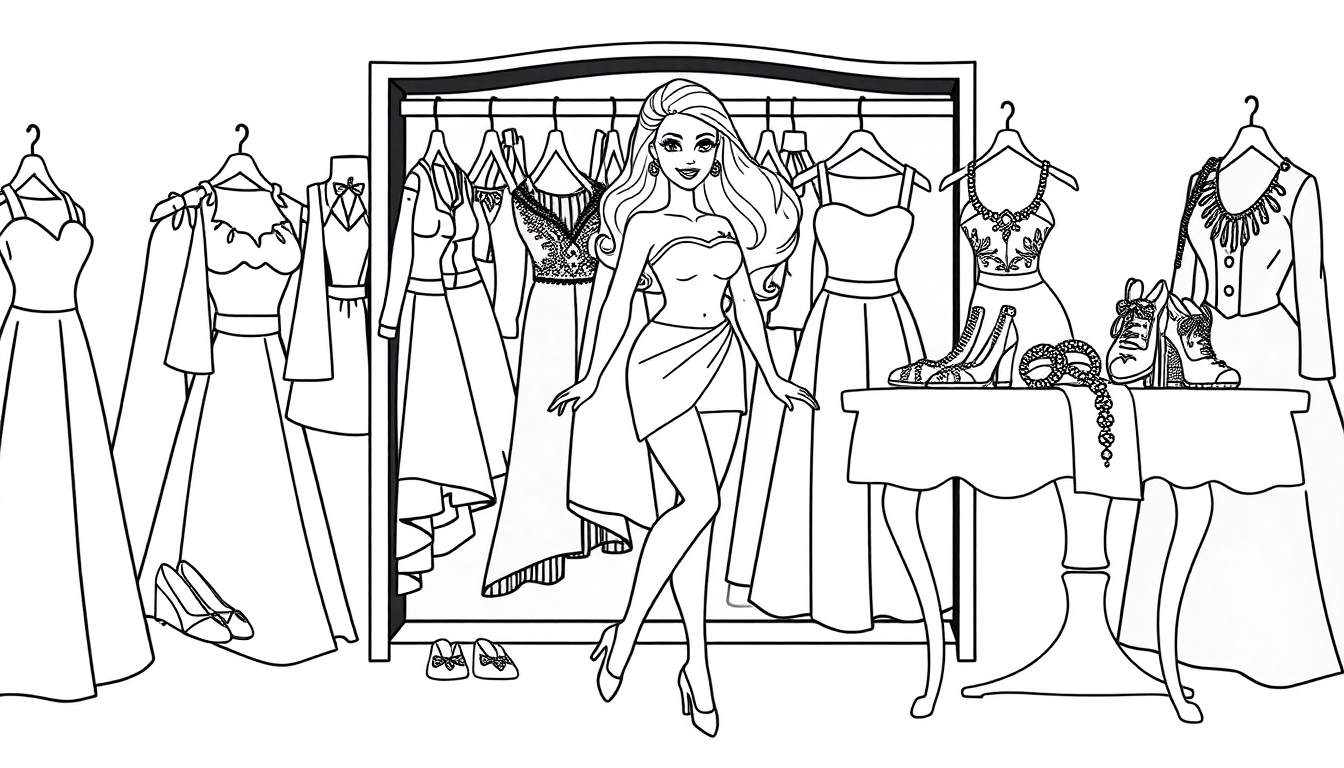 Desenho em preto e branco de uma mulher em uma loja de roupas com um color panel.