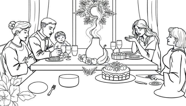 Família reunida à mesa para um jantar, em estilo de desenho em preto e branco. O color panel mostra a mesa decorada com flores, frutas e uma torta. Várias pessoas estão sentadas, incluindo mulheres, um homem e uma criança.