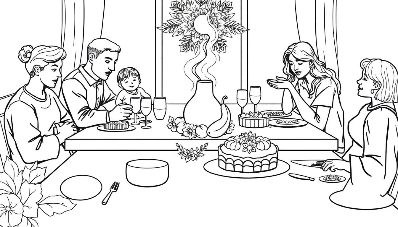 Família reunida à mesa para um jantar, em estilo de desenho em preto e branco. O color panel mostra a mesa decorada com flores, frutas e uma torta. Várias pessoas estão sentadas, incluindo mulheres, um homem e uma criança.