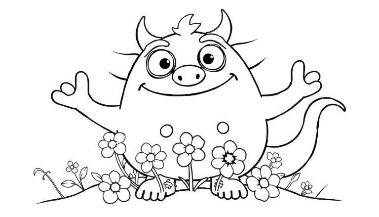 Monstrinho sorridente com chifres pequenos, rodeado de flores, dando joinha com as duas mãos, em um color panel.