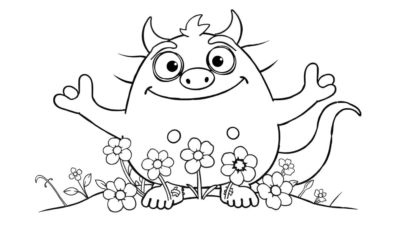 Monstrinho sorridente com chifres pequenos, rodeado de flores, dando joinha com as duas mãos, em um color panel.
