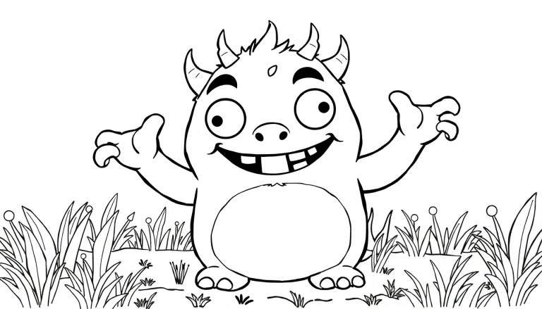 Um monstro de desenho animado feliz, estilo livro de colorir, com braços levantados, pronto para colorir no color panel.