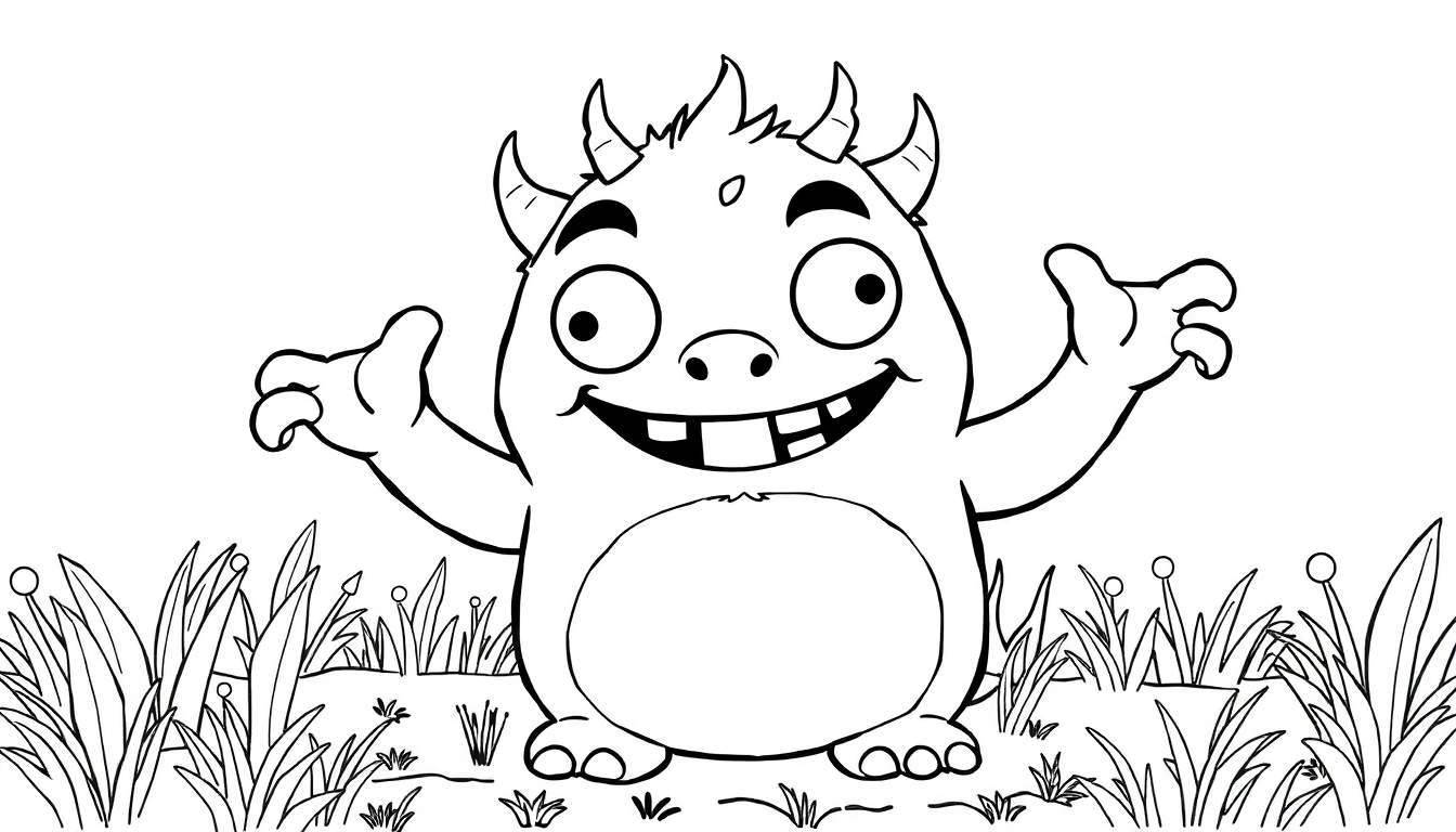Um monstro de desenho animado feliz, estilo livro de colorir, com braços levantados, pronto para colorir no color panel.