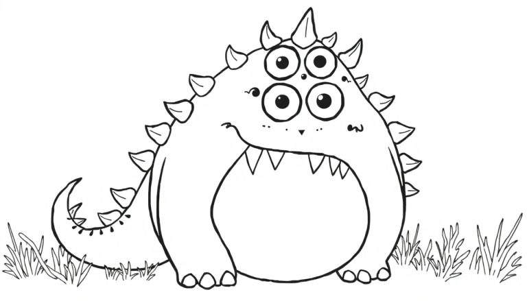 Um monstro fofo e redondo com quatro olhos grandes e um sorriso aberto, pronto para ser colorido.