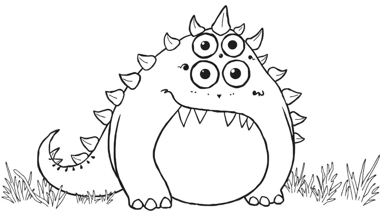 Um monstro fofo e redondo com quatro olhos grandes e um sorriso aberto, pronto para ser colorido.