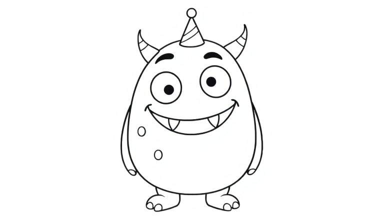 Um monstro fofo com vários olhos e um chapéu de festa, sorrindo, pronto para ser colorido.