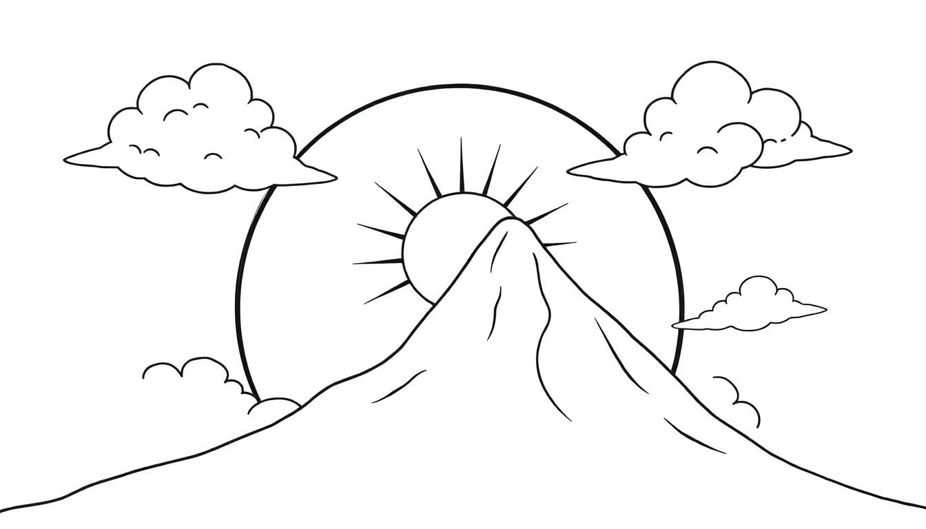 Um desenho a preto e branco de uma paisagem montanhosa com um sol nascente ou poente e nuvens.