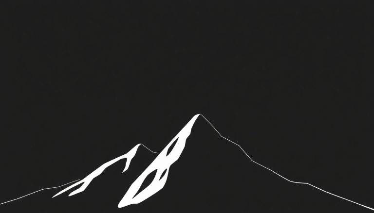 Desenho minimalista de montanhas brancas em um fundo preto, com um pico principal alto e um pico menor à esquerda. O color panel destaca as formas das montanhas.