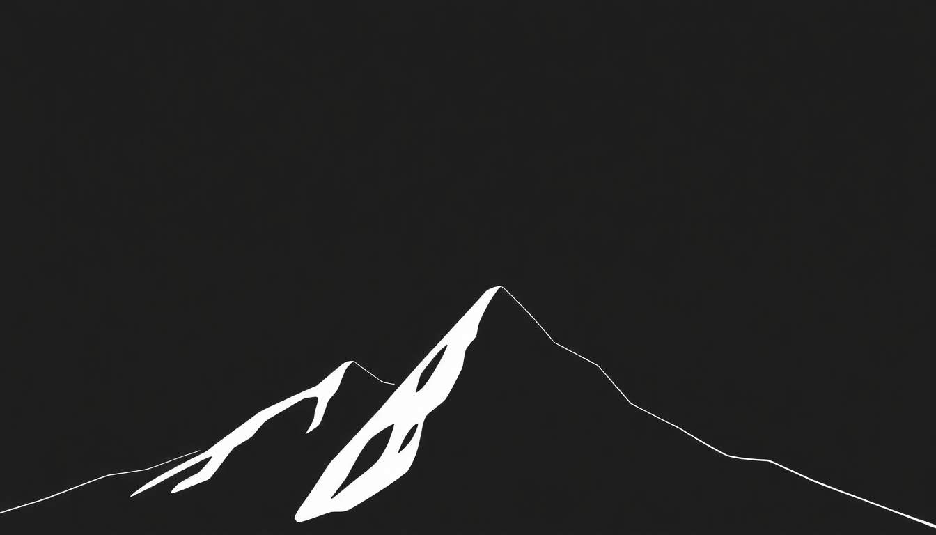 Desenho minimalista de montanhas brancas em um fundo preto, com um pico principal alto e um pico menor à esquerda. O color panel destaca as formas das montanhas.