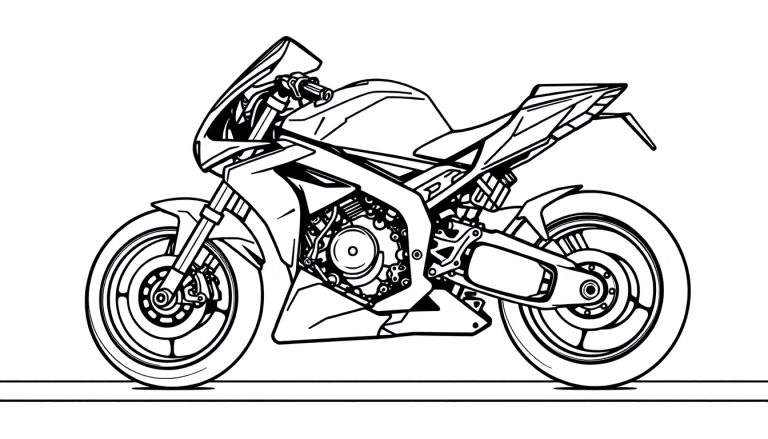 Desenho linear de uma moto esportiva, com detalhes em preto sobre fundo branco, pronto para ser colorido. color panel.